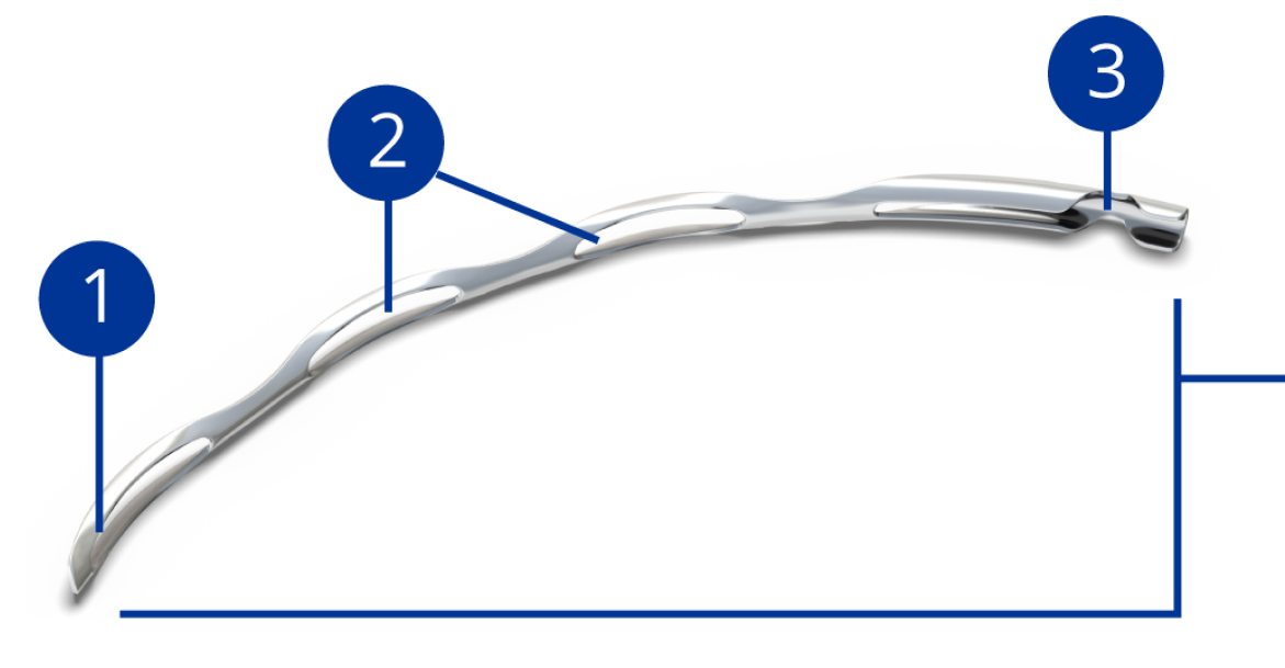 Abbildung des Hydrus Microstent mit drei Features: abgerundetes Ende, offenes Gerüstdesign mit Öffnungen und Bypassfunktion.